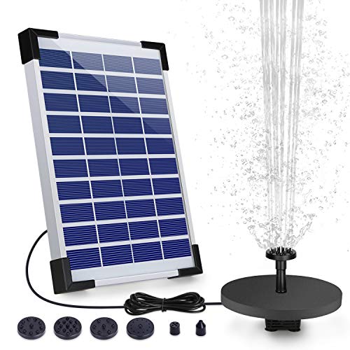 Solar Fuente Bomba, 5.5W Fuente de Jardín Solar, Batería Incorporada, Caudal 500 L/H, con 6 Boquillas y Tabla Flotante para Pequeño Estanque, Baño de Aves, Fish Tank y Decoración del Jardín
